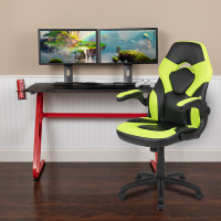 Flash Furniture BLN-X10RSG1030-GN-GG Red Gaming Desk and Green/Black Racing Chair Set with Cup Holder and Headphone Hook